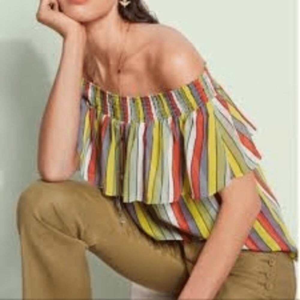 Cabi 5389 Carnival Top Multi Color Striped Smocked Off Shoulder Ruffle Blouse L